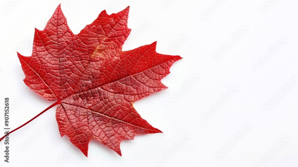 Wall mural intricate maple leaf with well-defined veins, isolated against a white background, offering plenty o
