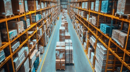 A warehouse with many boxes stacked on shelves