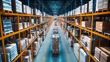A warehouse with a lot of boxes on the shelves