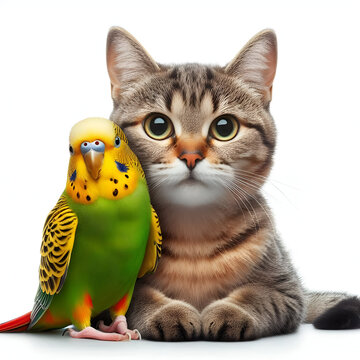 Gato y p&aacute;jaro mirando a c&aacute;mara aislados sobre fondo blanco	