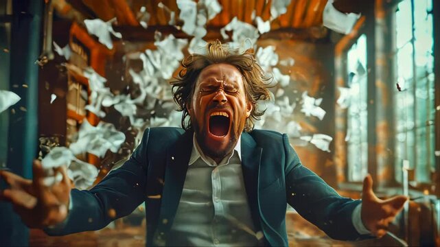 A screaming, frightened businessman in a suit is stressed and furious, with papers and documents flying around. Manager office worker experiencing problems with tax accounting