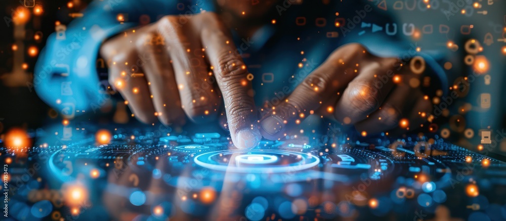 Poster hands interacting with futuristic interface