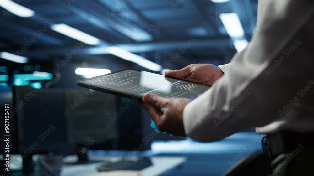 Poster data center admin responsible for installation of networking systems solving tasks in workspace. clo