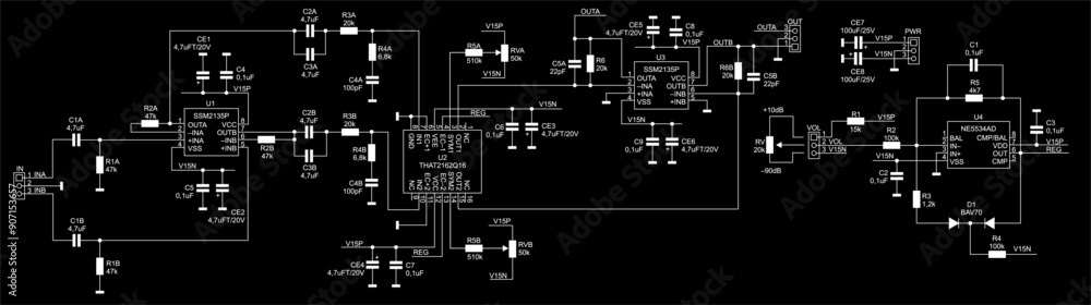 Poster schematic diagram of electronic device on sheet of paper. vector drawing electrical circuit with log
