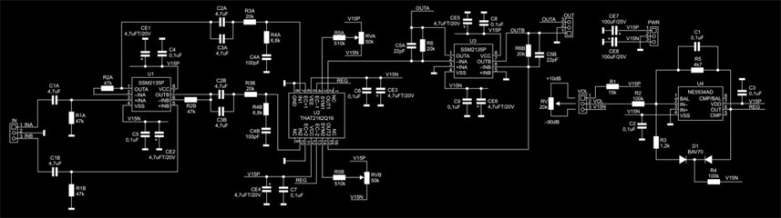 Schematic diagram of electronic device on sheet of paper. Vector drawing electrical circuit with logic gate of
integrated circuit, resistor, capacitor, diode, microcontroller, other components.