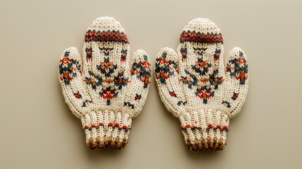 Pair of cozy mittens with beautiful knit patterns, isolated on a neutral background, offering ample space for advertising text or logos