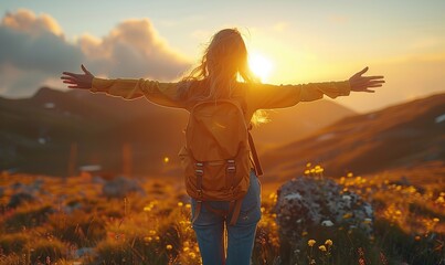 A woman stands with her arms outstretched, joyfully enjoying the sunrise amidst the majestic mountains.