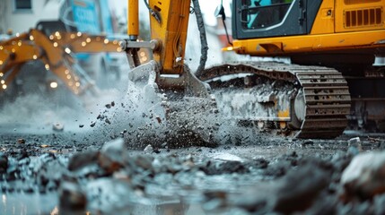 Excavator Breaking Up Asphalt