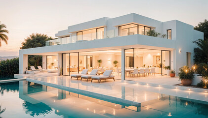A luxurious white villa with a sparkling pool, spacious terrace, modern seating, and a seamless garage, offering a serene and harmonious atmosphere.
