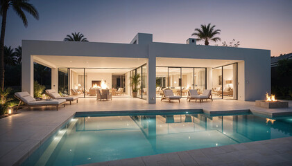 A luxurious white villa with a sparkling pool, spacious terrace, modern seating, and a seamless garage, offering a serene and harmonious atmosphere.
