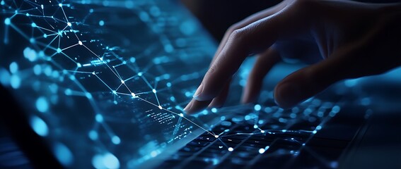 A finger taps on a keyboard, with glowing blue lines representing a network connection.