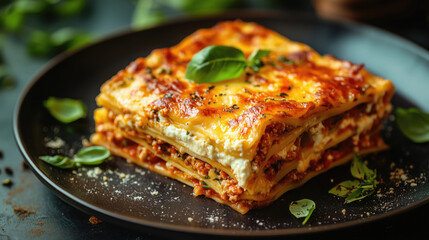 Classic Italian Lasagna with Fresh Basil on a Black Plate
