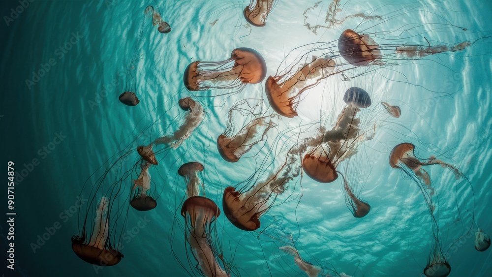 Poster a group of jellyfish swimming in the ocean under a blue sky, ai