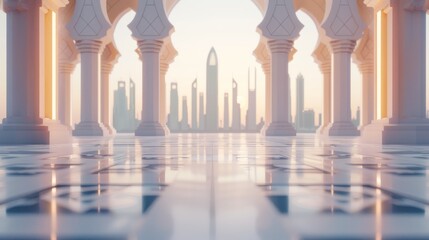 Peaceful mosque interior with detailed patterns, set against a backdrop of glowing neon skyscrapers in a futuristic cityscape