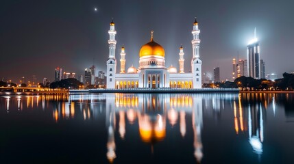 Obraz premium Sacred heritage mosque with neon reflections from the cityscape