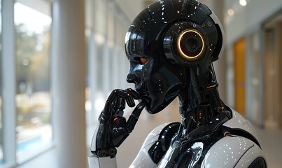 Fototapeta premium An AI mannequin robot displays a thoughtful expression, showcasing advanced technology and artificial intelligence concepts.