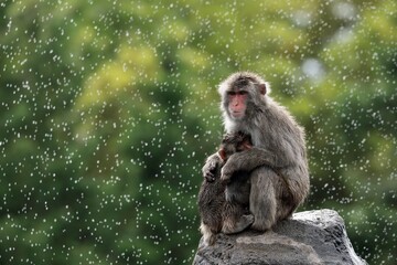 雨の中で子供を抱くニホンザルの母