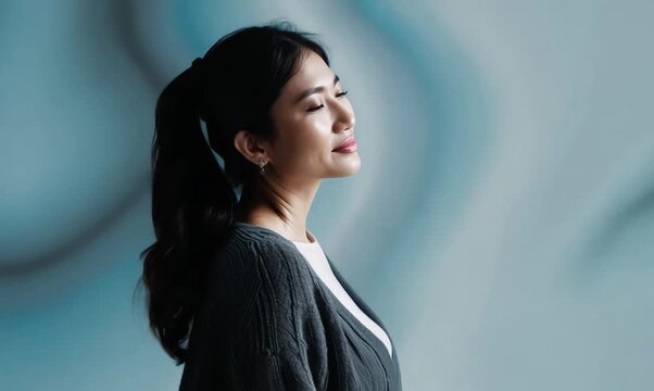 Medium shot portrait of a Chinese woman in her 30s in an abstract background wearing a chic cardigan