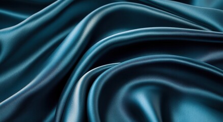 Fototapeta premium High-quality silk fabric in a deep blue color, with a smooth and glossy texture. The material is a rich, dark shade of teal that reflects light well