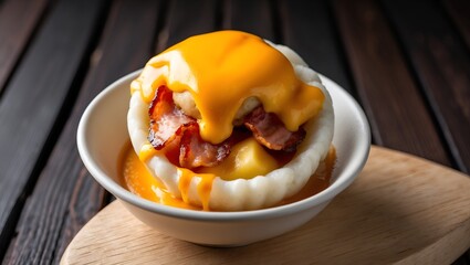 Bacon & Cheese Takoyaki - Bacon and cheese inside, with a cheese sauce on top.
