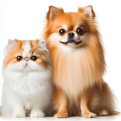 Obraz premium Perro y gato sentados mirando a cámara aislados sobre fondo blanco 