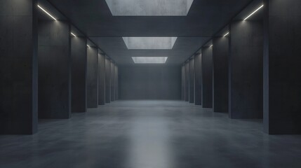 Empty abstract industrial concrete interior with a polished concrete floor, dark and dramatic lighting, minimalist design, 3D illustration
