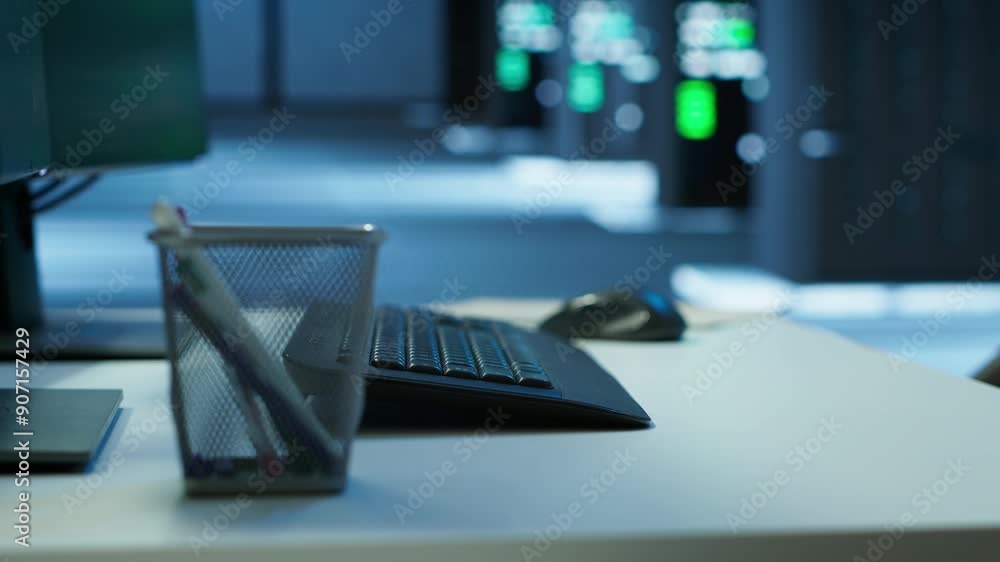 Poster devices in data center office used for managing supercomputers gear. close up on computer peripheral