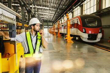 Male worker wearing safety suit during work driving yellow locomotive for towing  standing reporting with walkie talkie in building electric train station electric tram transportation system.