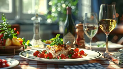 Grilled Fish with Cherry Tomatoes and Green Peas 3D Illustration
