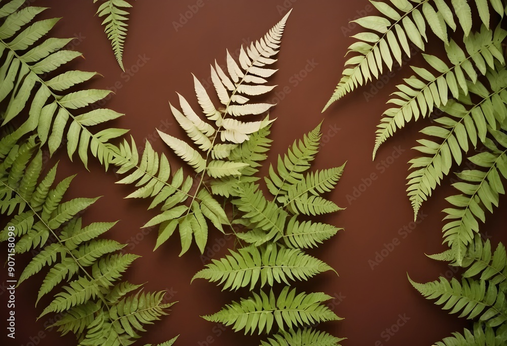 Wall mural still life image of green fern leaves arranged on a brown background. the scene has a natural and or