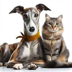 Perro y gato sentados mirando a cámara aislados sobre fondo blanco	