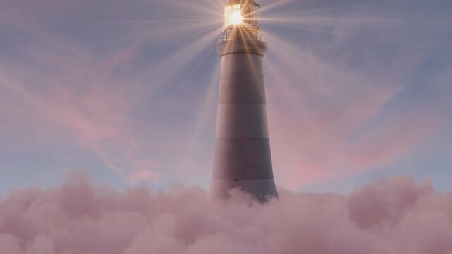 Illuminated lighthouse above fluffy pink clouds