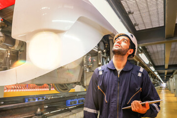 Male worker engineer standing in front locomotive diligently holding laptop in front electric locomotive at modern maintenance station, preventive quality inspection system, safety rail equipment.