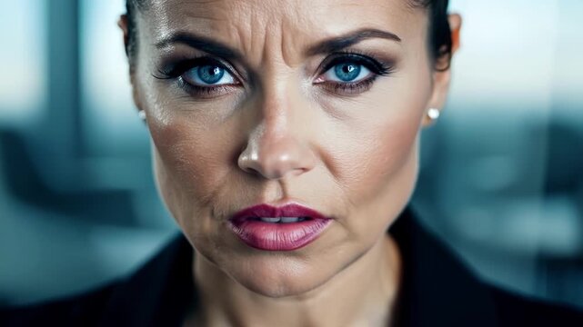 A woman in her forties with icy blue eyes and a stern expression gazing straight into the camera with a nononsense attitude. She has short styled hair and minimal makeup. The