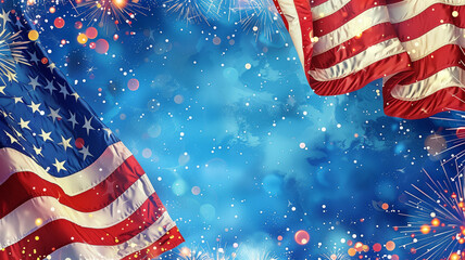 American flag with fireworks on a blue background
