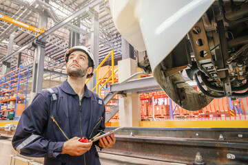 Male worker engineer standing in front locomotive diligently holding laptop in front electric locomotive at modern maintenance station, preventive quality inspection system, safety rail equipment.