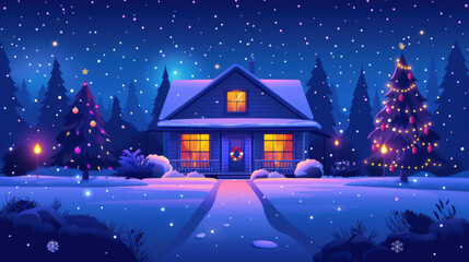 Naklejka premium A cozy house with warm lights, surrounded by snow and decorated Christmas trees on a serene winter night.