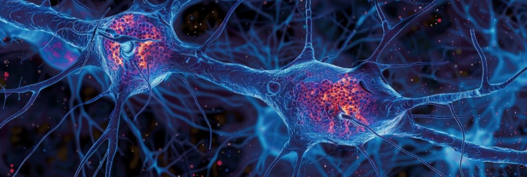 Microscopic view of Nissl bodies in the cell body of two neurons featuring the axon hillock in the right neuron