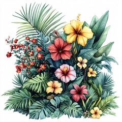 Lush Tropical Paradise: Vibrant Watercolor Jungle Plants and Flowers on White Background