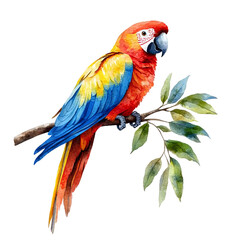Vibrant Macaw Watercolor Painting: A stunning watercolor painting of a scarlet macaw perched on a branch, its vibrant plumage and intricate details captured in exquisite detail. The painting exudes tr