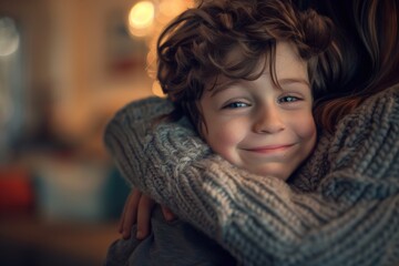 A young child with tousled hair smiles warmly while being hugged by an adult in a cozy, knitted sweater, set in a softly lit interior background.