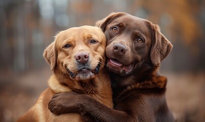 Two happy dogs hugging each other symbolize best friends, showcasing joy and affection.