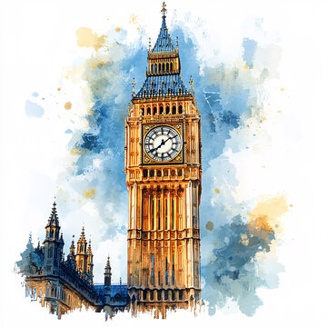 Serene Watercolor Illustration of Big Ben Against White Background