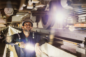  Male train maintenance engineer uses light to look at the undercarriage and check the safety of the electric train brake control system in a station repair garage and report to the repair team.