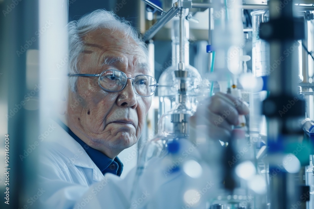 Leinwandbilder An elderly scientist dressed in a lab coat is managing a complex array of modern laboratory apparatus, demonstrating focus and expertise in a highly technical environment.