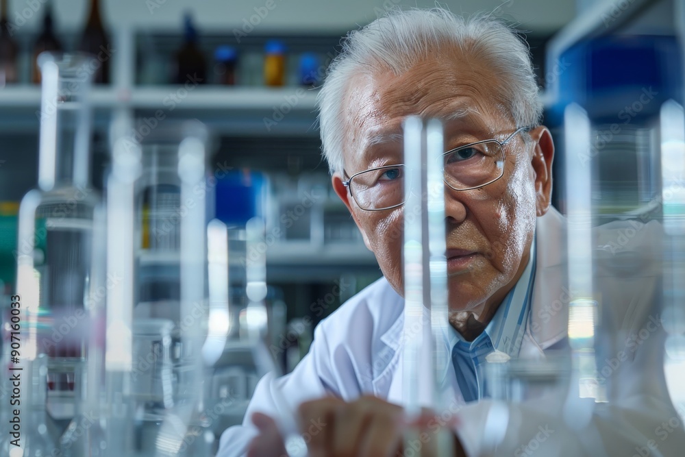 Aufkleber An experienced scientist wearing a lab coat working in a well-equipped laboratory, surrounded by various glassware items and conducting experiments.