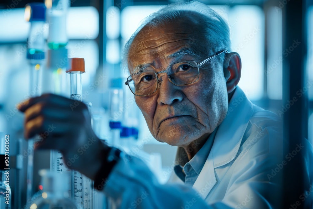 Poster a dedicated researcher in a laboratory environment examining solutions in glassware, wearing a lab c