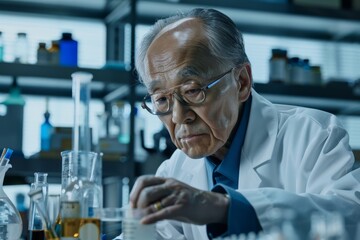 A senior researcher conducting a chemical analysis in a laboratory setting, surrounded by scientific instruments, wearing a lab coat, and focusing intently on the task.