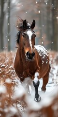 Obraz premium Horse galloping through snow covered wintry forest