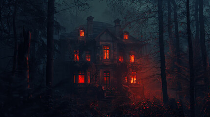 Happy Halloween banner. Old house in a creepy forest against the backdrop of a full moon.